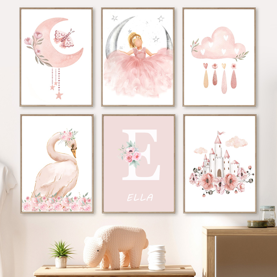 Baby Nursery Animal Pictures - Pink Angel Girl Sun Moon Cloud