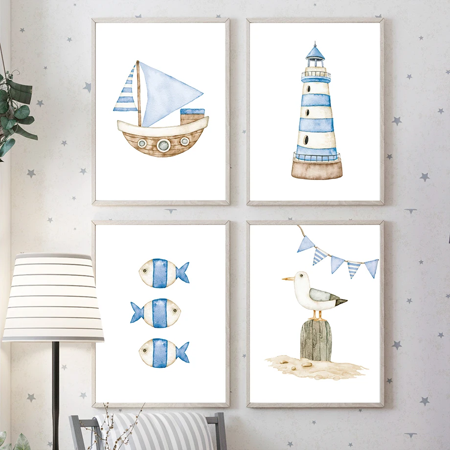 Baby Nursery Pictures - Sailboat Lighthouse Fish Nautical Nursery Posters