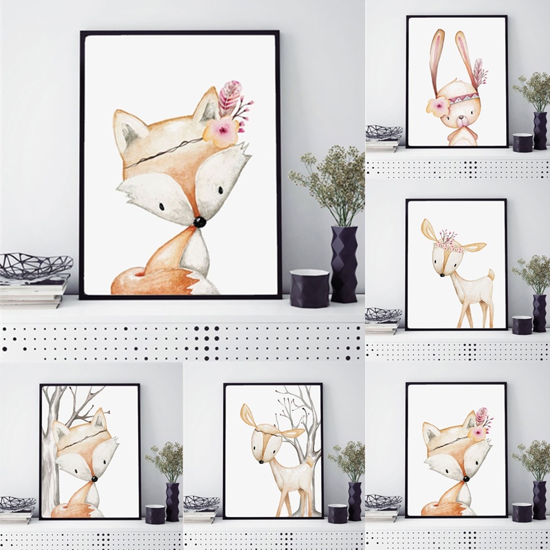 Baby Nursery Animal Pictures - Cartoon Rabbit Poster Fox Deer Paintings