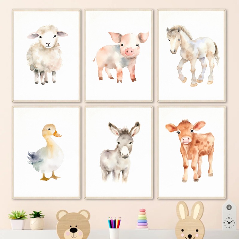 Baby Nursery Animal Pictures - Watercolor Farm Animals Baby Horse Ducks