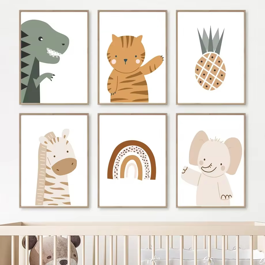 Baby Nursery Animal Pictures - Rainbow Sun Lion Dinosaur Alphabet Boho