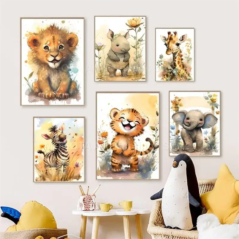 Baby Nursery Animal Pictures - Watercolor Lion Giraffe Tiger Elephant Zebra