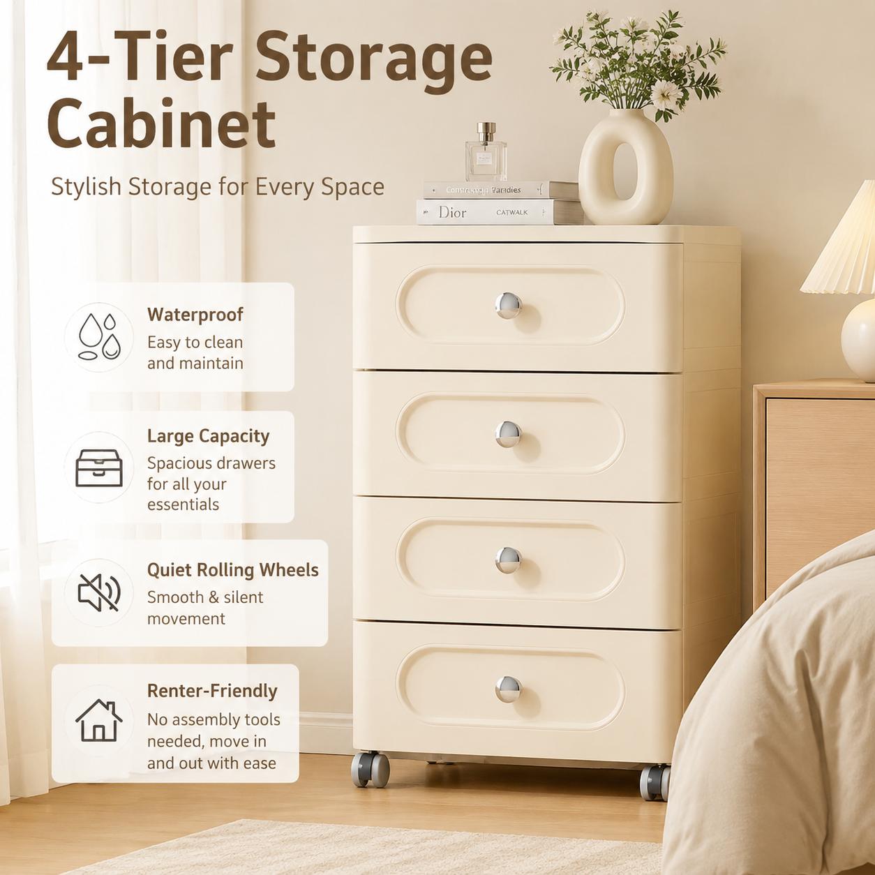 Baby Nursery Organizer - 4-Drawer Rectangle Rolling Storage Cabinet-Rack -