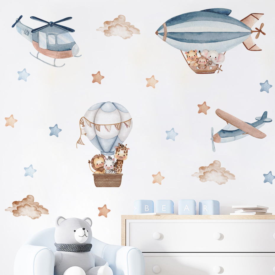Baby Nursery Stickers - Watercolor Animals Hot Air Balloon Clouds