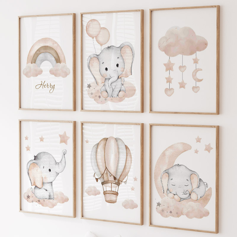 Baby Nursery Animal Pictures - Cute Elephant Hot Balloon Moon Rainbow