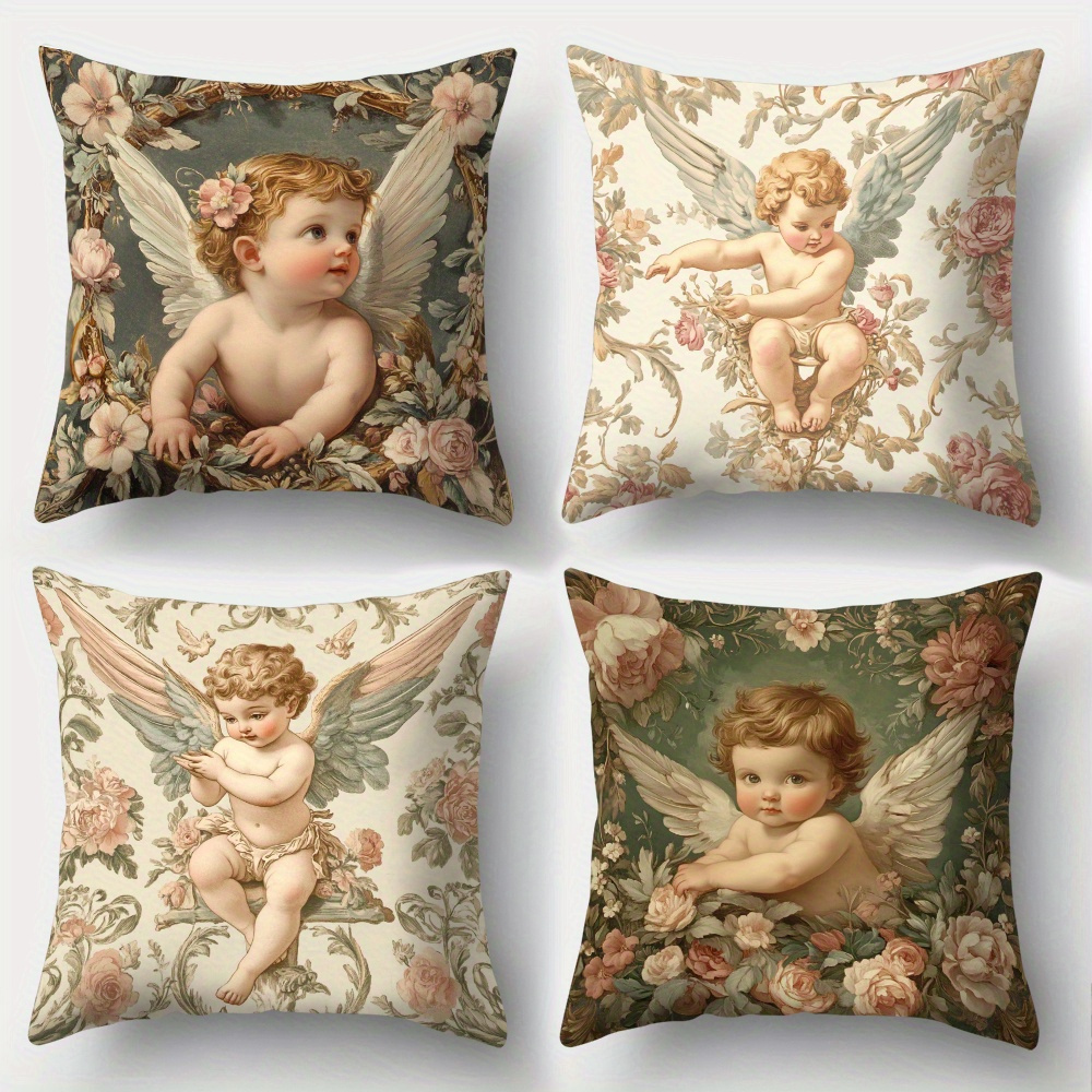 Baby Nursery Vintage Decor - Printed Angel Floral Pillow Covers Set