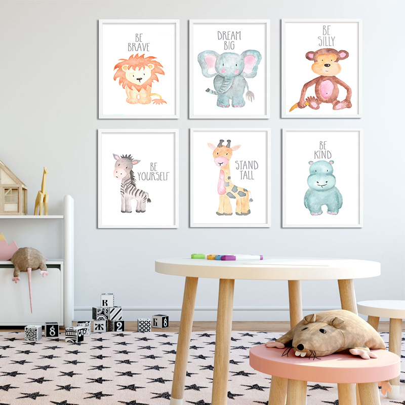 Baby Nursery Animal Pictures - Baby Animal Lion Elephant Giraffe Canvas