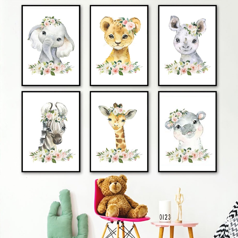 Floral Jungle Animals Canvas P - Baby Nursery Animal Pictures recension och pris