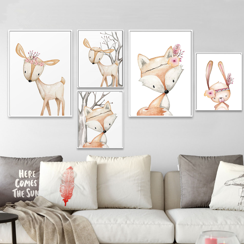 Cartoon Rabbit Poster Fox Deer - Baby Nursery Animal Pictures recension och pris