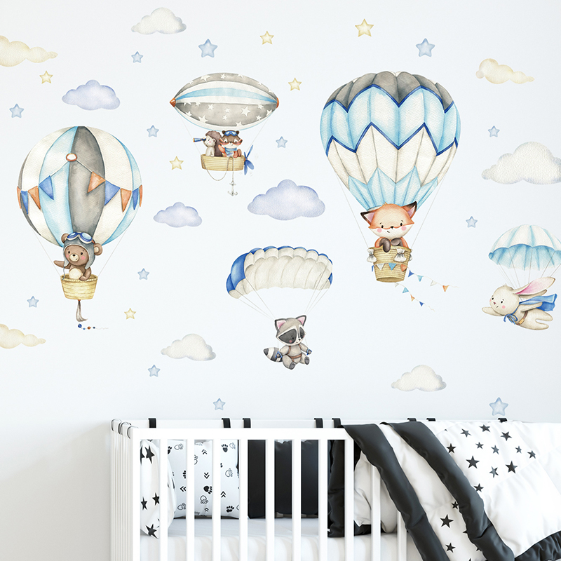 Cartoon Cute Animals Hot Air B - Baby Nursery Stickers recension och pris