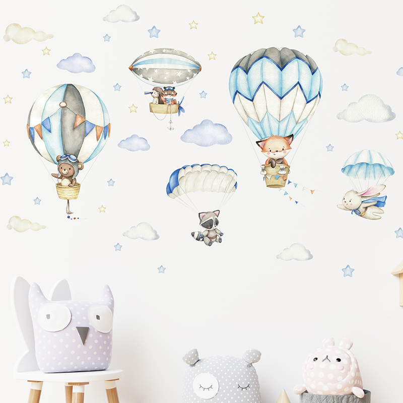 Cartoon Cute Animals Hot Air B - Baby Nursery Stickers recension och pris
